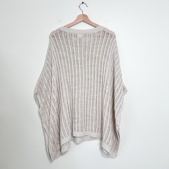 Garnet Hill Linen Organic Cotton Crochet Poncho Sweater Neutral One Size - Picture 6 of 7